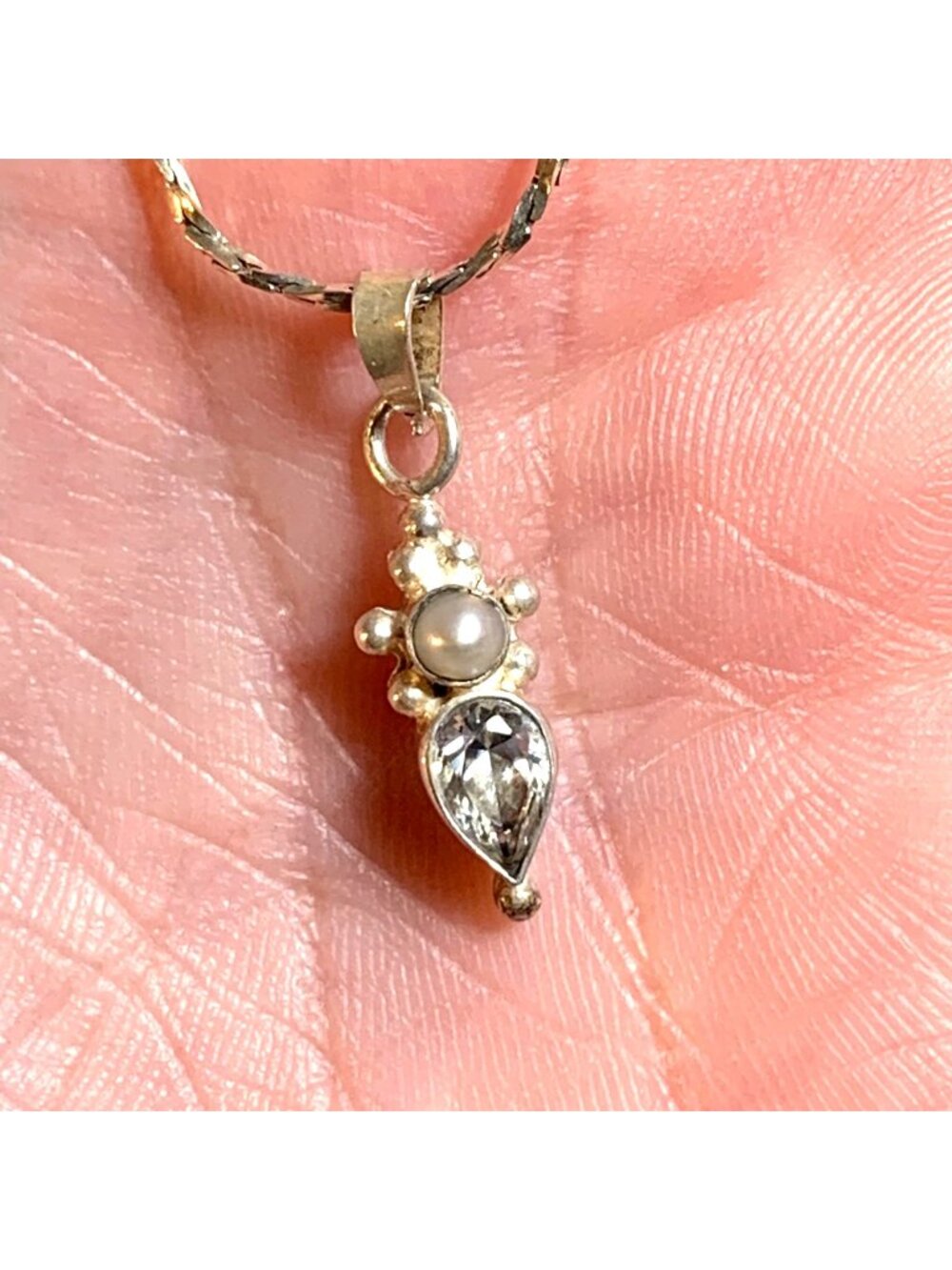 Handmade Cubic Zirconia & Sterling Silver 925 Bezel Set Pearl Necklace 18" Chain
